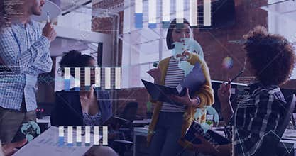 woman stepping forward and outlining agenda animating charts transforming into globe for analytics