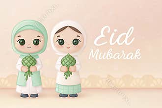 Two cute girls in hijab holding ketupat, Eid Mubarak greeting