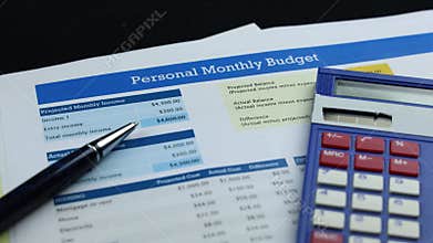 Close-up of pen rests on a "Personal Monthly Budget" form, next to a calculator