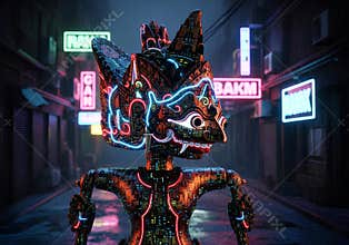 Futuristic Indonesian Wayang Puppet with Neon Lights in a Dark Cyberpunk Alley