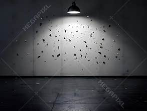 Dramatic spotlight illuminating flying fragments in a dark empty room an abstract scene