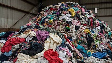 Pile of Discarded Clothing Textiles in Warehouse Setting