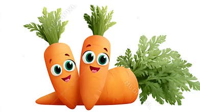 Happy cartoon carrots with faces and green leaves on white background