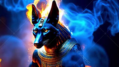 Ancient Egyptian mythical god Anubis in the form of a black jackal