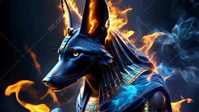 Ancient Egyptian mythical god Anubis in the form of a black jackal