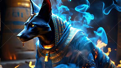 Ancient Egyptian mythical god Anubis in the form of a black jackal
