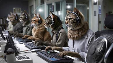 A group of cats sitting at a desk with headsets on