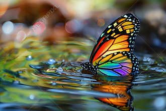 Rainbow butterfly emerging out of the water