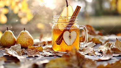 Festive winter cocktail with pear and cinnamon in snowy holiday setting