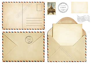 Old postcard, mail envelope, open letter, stamp collection
