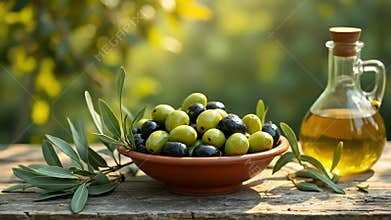 A Cinematic Reveal of Freshly Harvested Olives and Golden Oil in a Sunlit Orchard