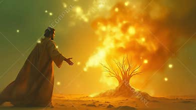 Divine Revelation: A Prophet Encounters the Sacred Burning Bush in the Desert