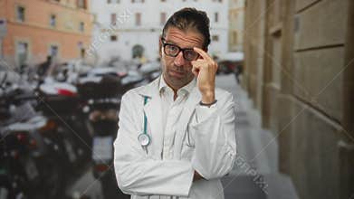 Man doctor with long blond hair and stethoscope adjusts glasses on street among parked scooters and buildings; skepticism