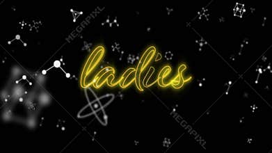 Neon cursive text fading in then assembling to spell ladies for branding amid drifting molecules