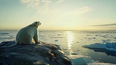 Lonely Polar Bear Under Arctic Sunset