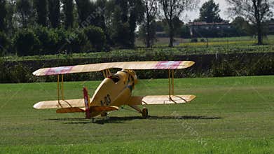 Bucker Bu 133 Jungmeister RC model taking off from a grass airfield