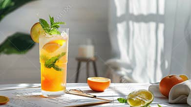 A glass of orange juice placed on a table, ready to be consumed