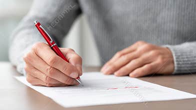 Hands reviewing a contract with red pen corrections in a warm meeting room setting