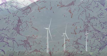 At start three turbines turning clockwise while red-purple mesh drifting highlighting energy flow