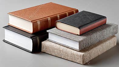 Four hardcover books in vibrant colors are stacked together, showcasing their textures against a gray background