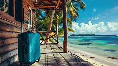 Blue travel suitcase on bungalow patio by the ocean beach with palm trees. Summer vacation trip and tour concept