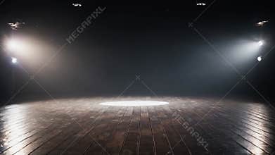Two spotlights illuminating a round wooden stage in a dark, smoky theater, creating a dramatic atmosphere filled with anticipation