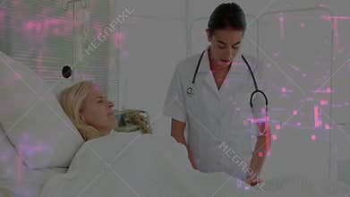 Patient opening eyes and showing pain on hospital bed, nurse checking IV and offering comfort