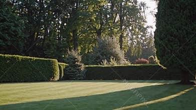 Warm sunlight illuminates a meticulously maintained garden featuring neatly trimmed hedges, a variety of trees, and a lush green