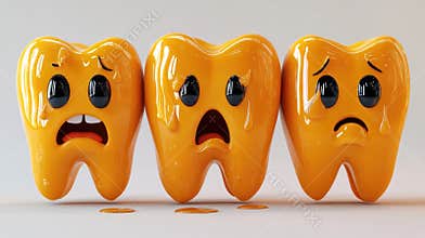 Three cartoon teeth with sad faces and expressions of fear and pain