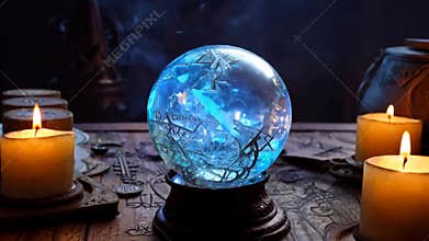 Glowing blue magical crystal ball on a table in a witch's lair surrounded by candles.