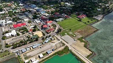 Drone flight over Nuku\'alofa, the capital of the Kingdom of Tonga. The building of the royal residence