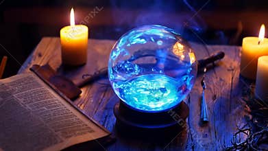 Glowing blue magical crystal ball on a table in a witch's lair surrounded by candles.