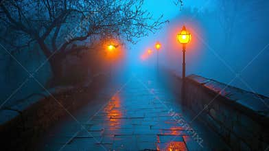 Foggy bridge illuminated by vintage lamps