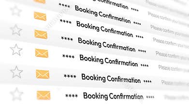 Booking confirmation email notification background design. Magnify glass zoom on the mail title, backdrop