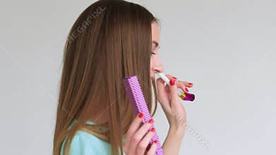 Party emotion special day happy woman box horn