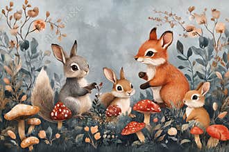 Forest animals enjoying a tranquil day among mushrooms and wildflowers in a vibrant natural setting