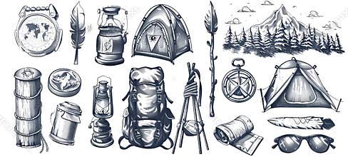 Black and White Set of Camping Essentials. Backpack, Tent, and Lamp for Outdoor Exploration. Concept of Adventure