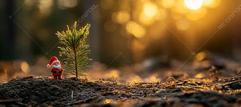 Santa Claus and a small evergreen tree symbolizing festive conservation and environmental rejuvenation.
