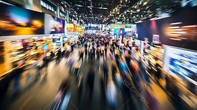 A lively business expo with an energetic trade show floor, bustling with crowds and vibrant booths.