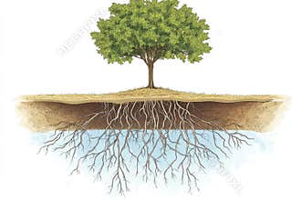 Root system - complex underground structure, enhancing water absorption, plant anatomy, subsoil network, moisture intake