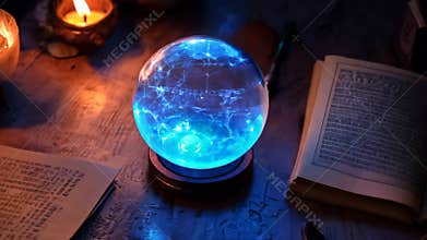Glowing blue magical crystal ball on a table in a witch's lair surrounded by candles.