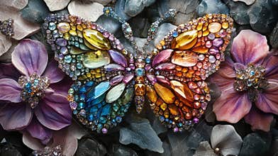 Rainbow-hued butterfly figurine set against a floral gemstone backdrop