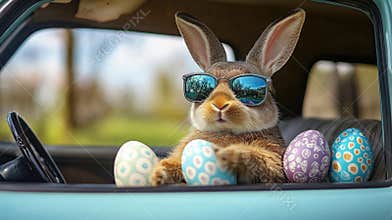 Cool bunny driving with easter eggs in vintage car. Easter, Pascha, Paskha, Ostern, Pascua, Paques - Orthodox and