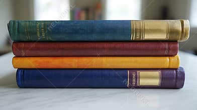 Colorful stacked books displaying vibrant covers against a teal background in a well-lit setting