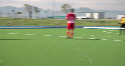 Playing field hockey, male players competing in outdoor match on green turf