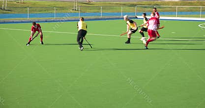 Playing field hockey, male players competing in outdoor match on green field
