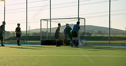 Playing field hockey, male players competing near goalpost during match