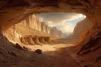 Scenic view of ancient cave dwellings under dramatic sky