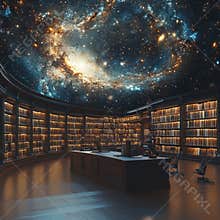 Cosmic Library with Starry Ceiling and Bookshelves