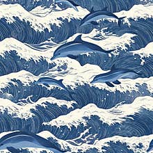 Patterned dolphins jumping through ocean waves